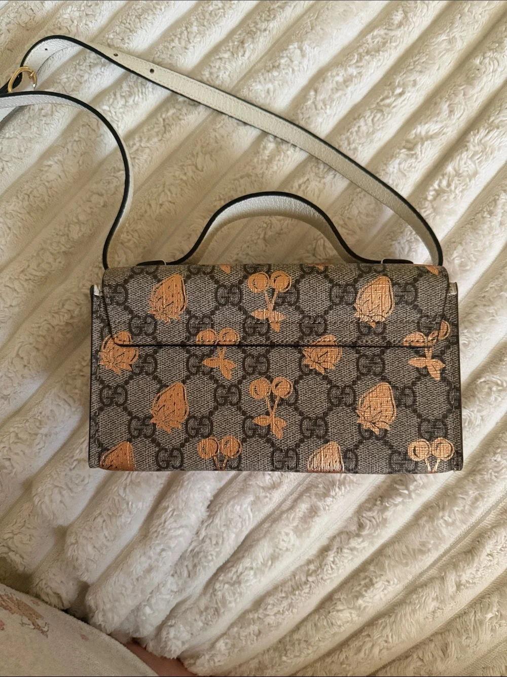 Gucci Beige Monogram Crossbody with Pink Metallic Strawberry Detail
